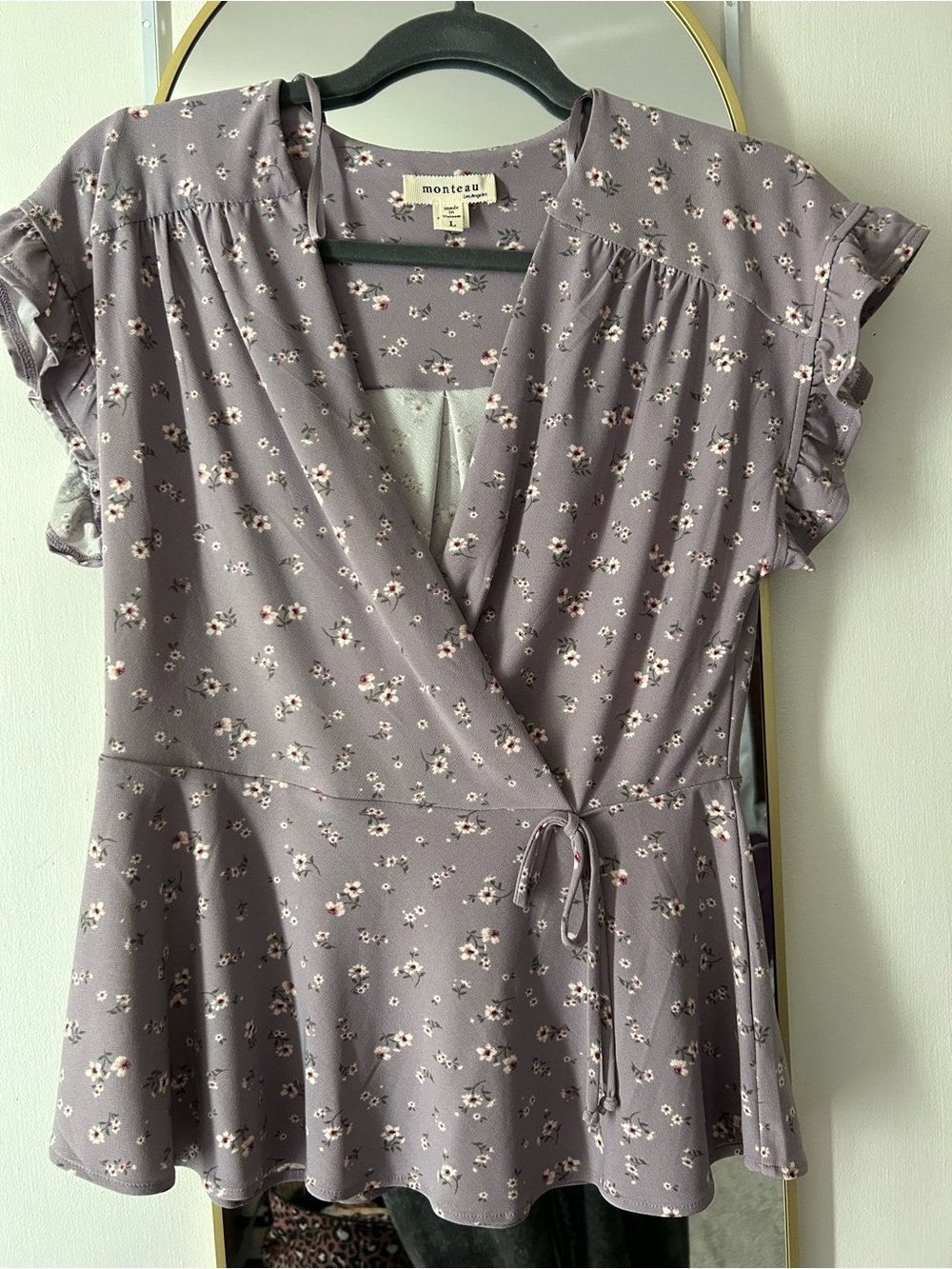 Monteau Dusty Lavender Floral Wrap Peplum Top